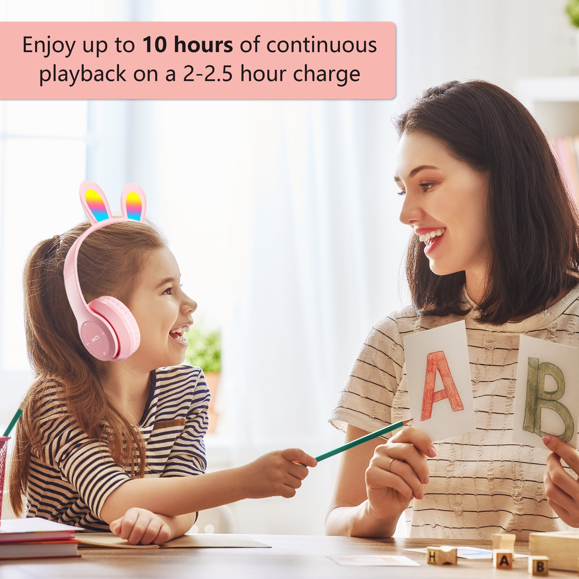 2Packs Rabbit Ear Kids Wireless Headphones with Microphone,Headphones for Girls Boys for School,Volume Limiter,Teens Toddlers Wireless Headphones,for Mobile Phones/Tablet/PC,Pink&Black