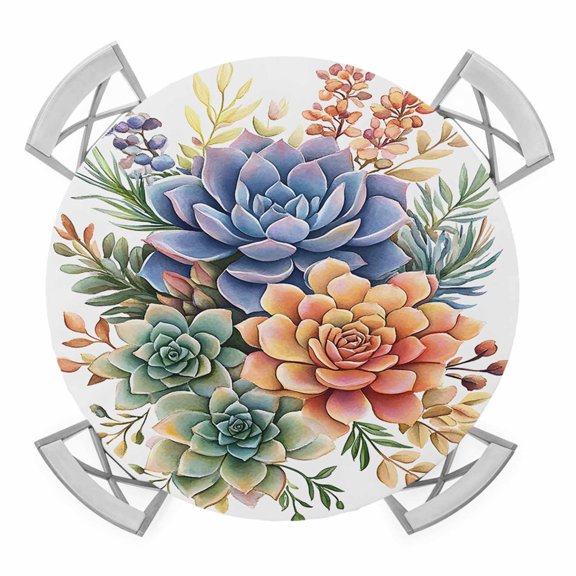 Spring Floral Succulents Round Tablecloth for 36-44 Inch Tables,Fitted Table Cover with Elastic Edge,Watercolor Botanical Summer Waterproof Outdoor Table Cloth Protector for Patio Garden Dinner