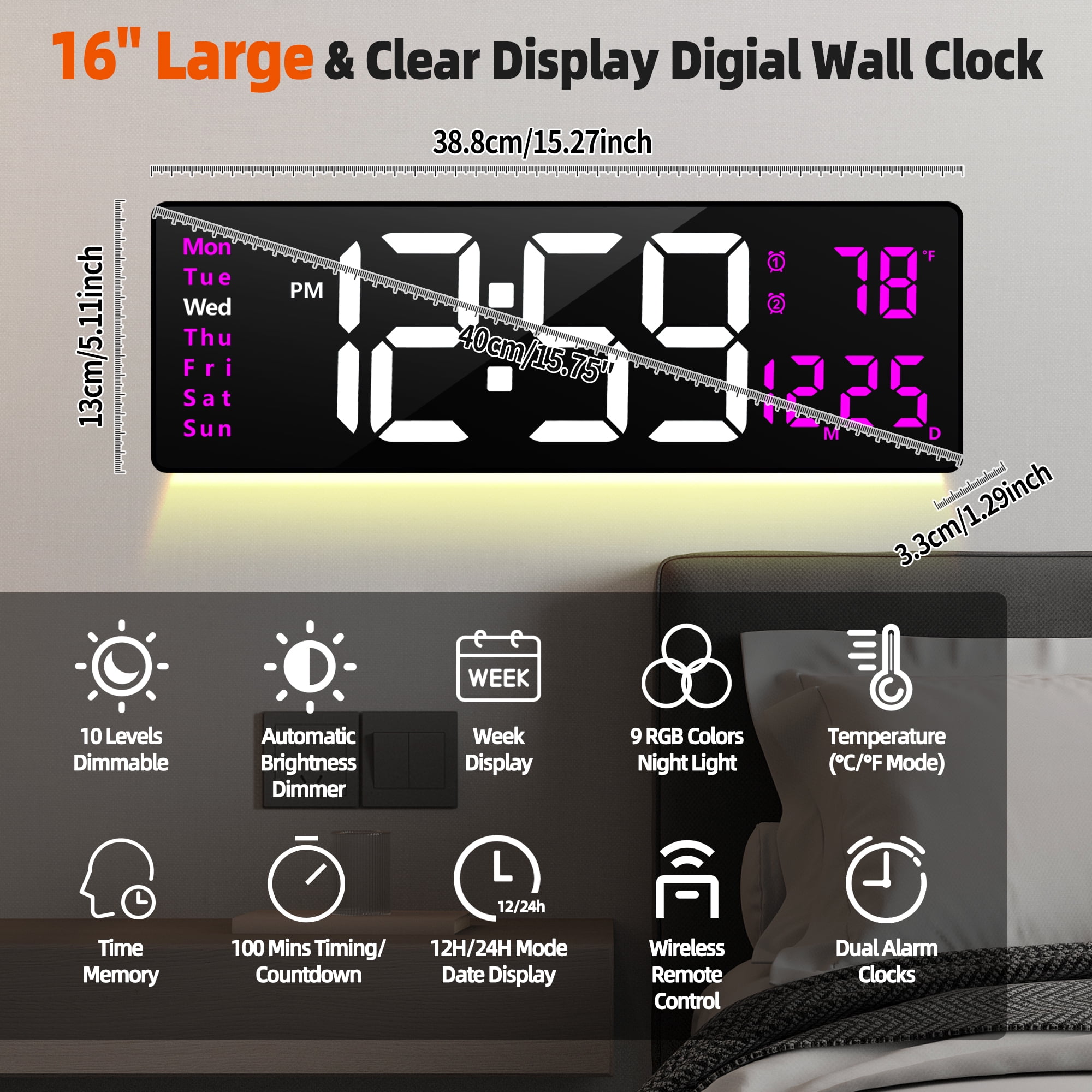 16-inch Large Display Wall Clock with Remote Control, 2 Alarms, Automatic DST, Temperature, Memory Battery for Living Room, Bedroom, Gift for Christmas,Mother's Day, Father's Day