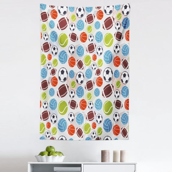 Sport Tapestry, Sports Balls Pattern Abstract Basketball Football Volleyball Tennis Colorful Elements, Fabric Wall Hanging Decor for Bedroom Living Room Dorm, 5 Sizes, Multicolor, by Ambesonne