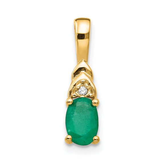 Real 14kt Yellow Gold Emerald and Diamond Pendant; for Adults and Teens; for Women and Men