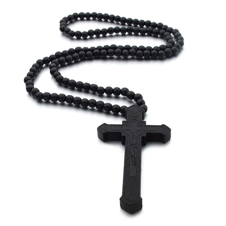 Ropartman Wooden Cross Necklace for Men, 【Hand-Inlaid Real Pear Wood 】 Mens  Cross Necklaces Christian Black Stainless Steel Crucifix Pendant for Boy