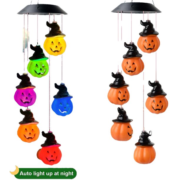 Carillón de viento, carillón de viento solar, regalos interesantes, decoración de Halloween, luces decorativas de calabaza que cambian de color, decoración de calabaza con energía solar Feliz Sencillez