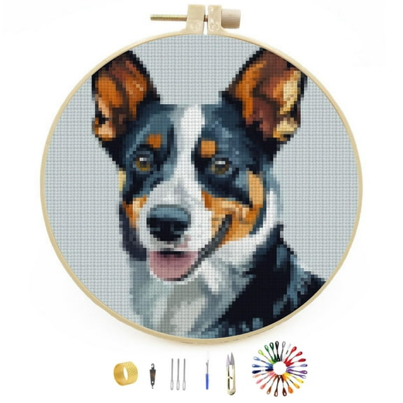 DIY Stamped Cross Stitch Kits Australian Cattle Dog Easy for Beginners with Hoop 11CT Counted Embroidery Needlepoint Crafts Arts for Handmade Enthusiasts and Home Decor 30x30cm(1)