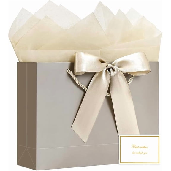 Gift Bag, 5 PCS Gift Bags Large with Ribbon and 5 Greeting Cards 10 Tissue Paper, Portable Paper Gift Bag with Handles, Birthday Gift Bags,Present Bags for Wedding Party Valentine's Day