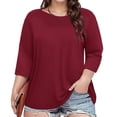 thumbnail image 2 of MIXUE Womens Summer Tops Summer Solid Color Round Neck Plus Size 3/4 Sleeve Casual Stylish Pullover Tshirts Activewear,Red,L, 2 of 5