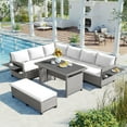 thumbnail image 2 of 5-Piece Outdoor Patio Rattan Sofa Set, Sectional PE Wicker L-Shaped Garden Furniture Set with 2 Extendable Side Tables, Dining Table and Washable Covers for Backyard, Poolside, Indoor (White), 2 of 11