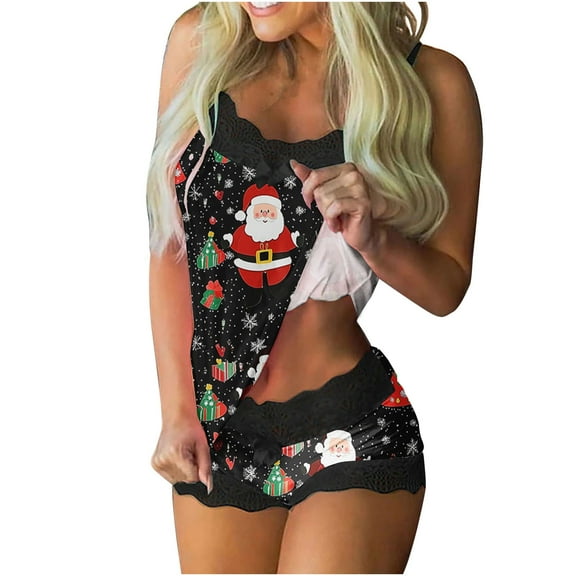 Tnhcen Festive Santa Claus Print Lace Pajamas Set 2-Piece Sleeveless Tank Shorts Pjs Christmas Nightwear Homewear for Holiday Cheer S-2XL