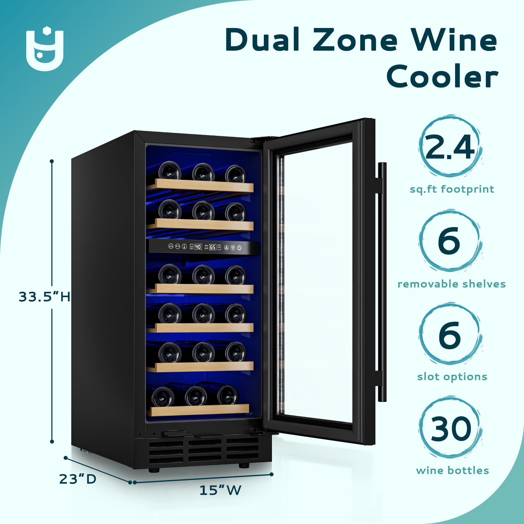 EUHOMY 3.6 cu ft Dual Zone Wine Cooler Refrigerator, 33 Bottles Glass Door, Black