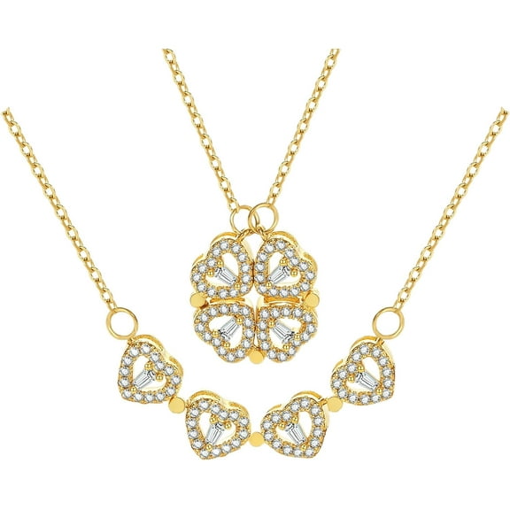 2 in 1 Four Leaf Clover Charm Lucky Necklace Heart Crystal Pendant Necklace Gold Link Valentine's Day Jewelry Gift for Women