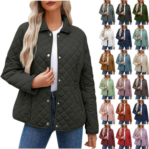 Otntypg Plus Size Women's Winter Quilted Jackets Lightweight Long Sleeve Button Down Diamond Puffer Jacket Plush Thick Warm Basic Lapel Collared Outerwear Coats with Pockets Black XXL