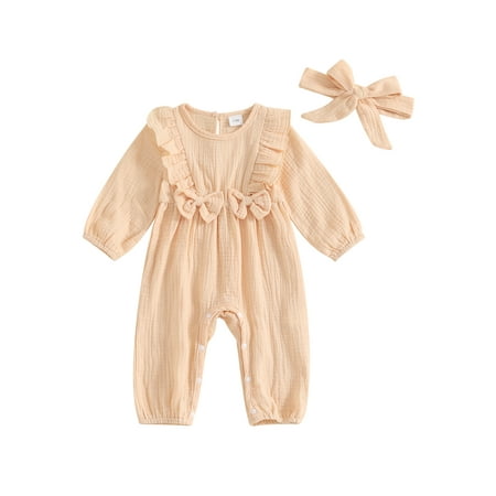 

Lesimsam Baby Girls Casual Jumpsuit 3M 6M 12M 18M Long Sleeve Crew Neck Ruffle Trim Romper with Headband Sets Newborn Infant Clothing for Autumn