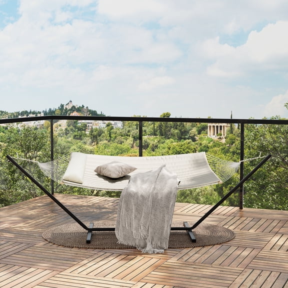 COZONY Double Hammock with Stand, 2 Person Cotton Rope Hammock with Pad & Pillow, 450 lbs Capacity, Hardwood Spreader Bars