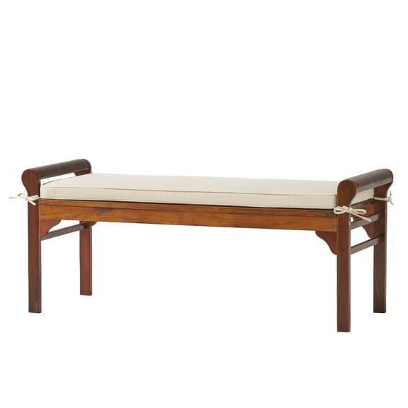 Etette Rustic Acacia Wood Bench with Cushion, Mahogany and Cream