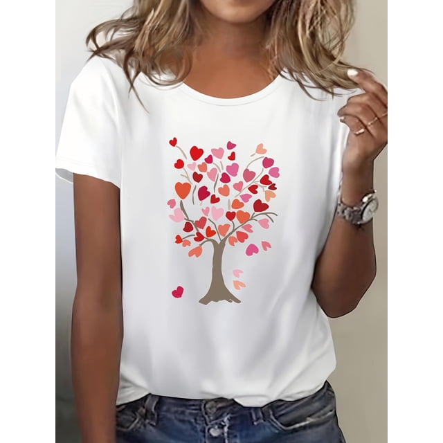 Camiseta con estampado de corazón y árbol de San Valentín: camiseta informal amarilla de manga corta con cuello redondo y diseño de corazones coloridos para adultos, hombres, mujeres, adolescentes, jó