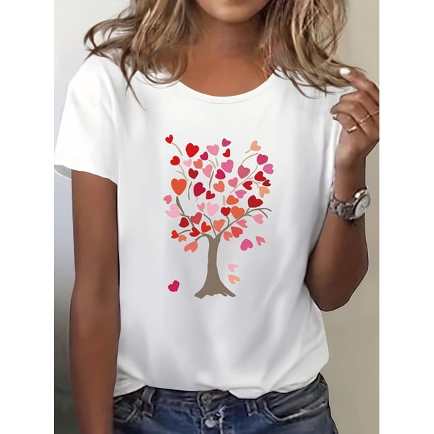 Valentine's Day Heart Tree Graphic Tee - Casual Yellow Crew Neck Short Sleeve T-Shirt with Colorful Heart Design Tee For Adult, Men, Women, Teen, Teenager, Adolescent, Youth