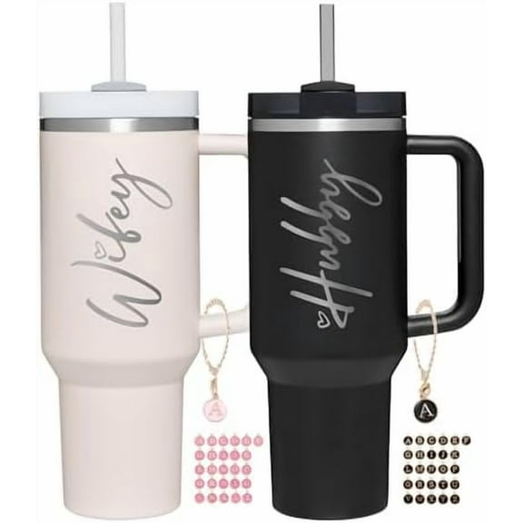 Wifey Hubby 40 oz Tumbler Cup for Couples with Handle Lids Straws Letter Charm Accessories 2 Pack Wedding Gifts for Couples 2024 Engagement gift Bridal Shower Gift for Bride Groom Newlyweds