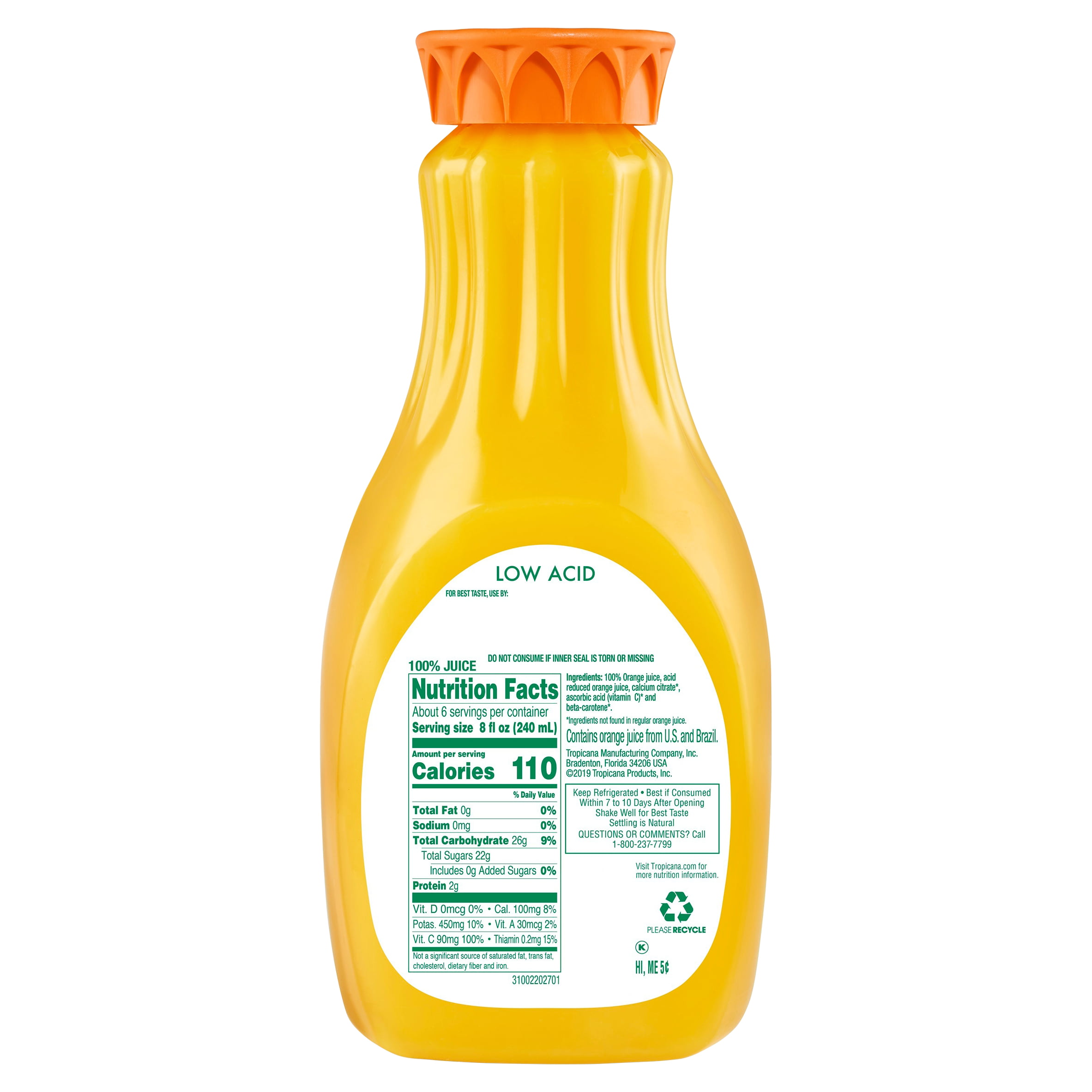 Tropicana Pure Premium Low Acid 100% Juice Orange No Pulp with Vitamins A and C 52 fl oz Bottle, Fruit Juice - image 5 of 9