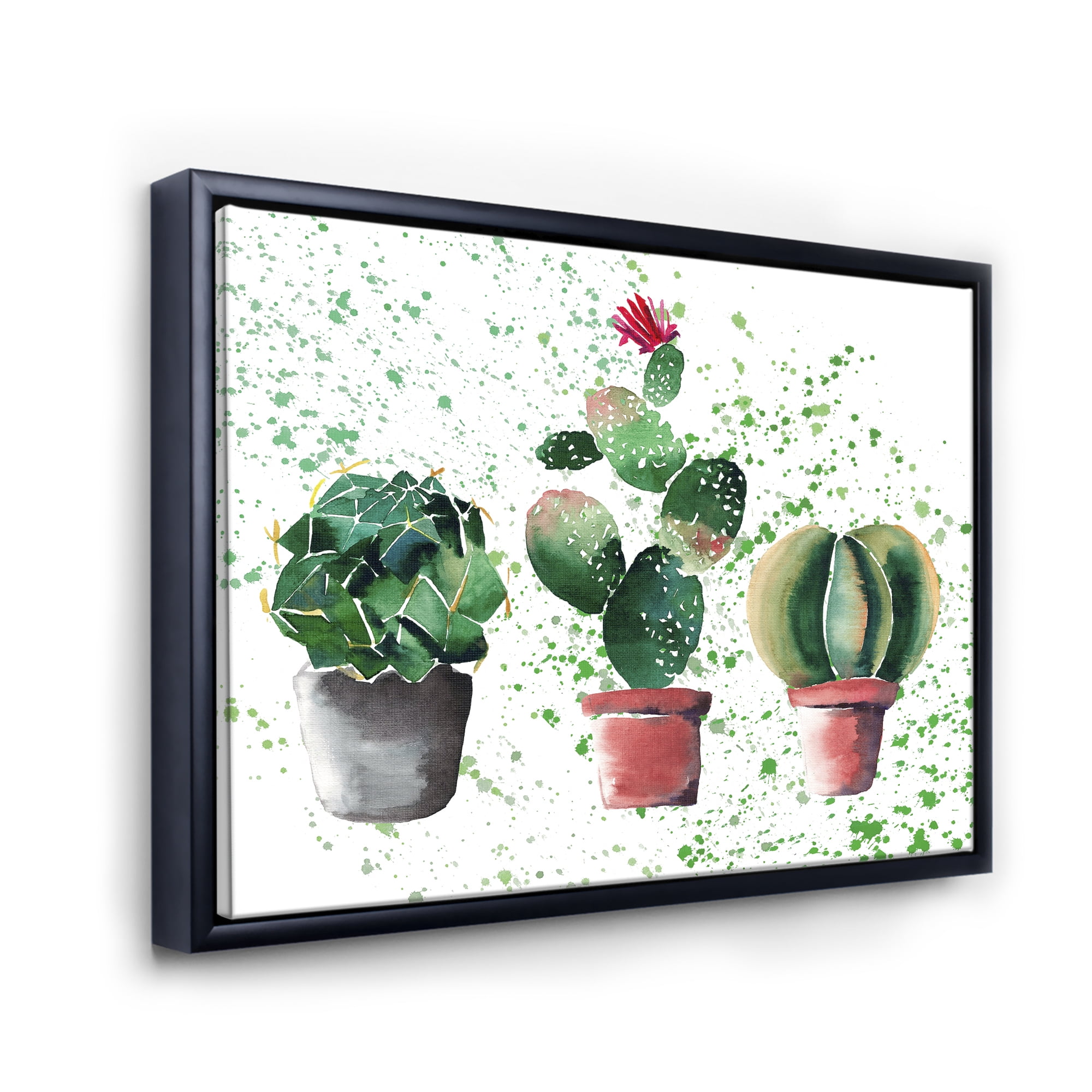 Designart 'Three Cacti In Clay Pots With Green Dots' Traditional Framed Canvas Wall Art Print