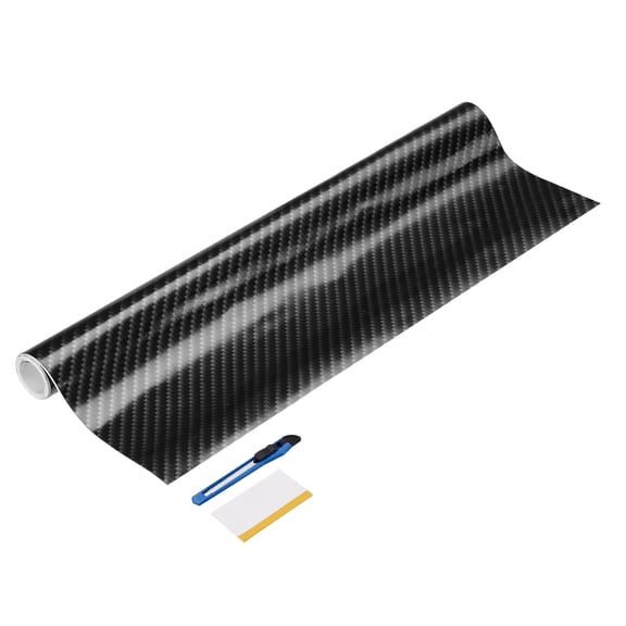 1 Set Carbon Fiber Vinyl Wrap 11.81" x 3ft Self-Adhesive Car Sticker Waterproof Wrap Roll for DIY Decor Automotive Exterior Interior Protection with Scraper Tool, Silver Black