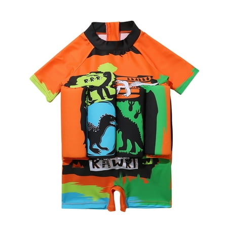 

0-6Y Baby Toddler Boys Float Suit One Piece Rashguard Cartoon Short Sleeve Zip up Buoyancy Sticks Swimsuit