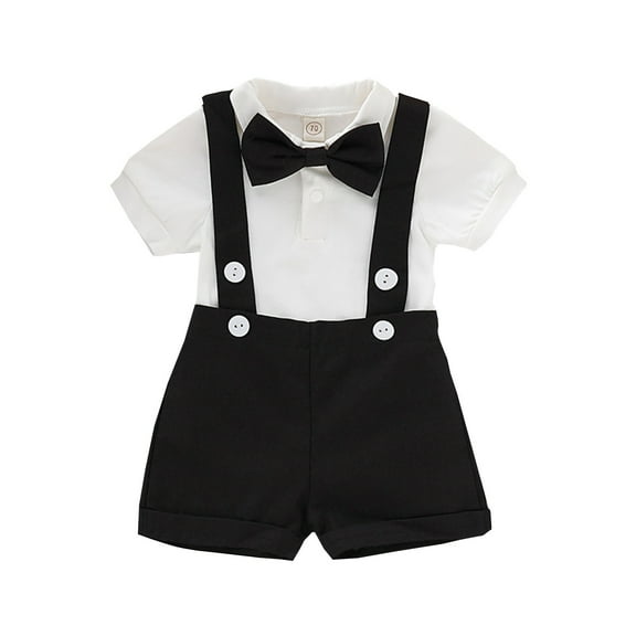 Povozer Boys Summer Bow Tie Set Toddler Suit Boys Baby Wedding Dress Clothes Kids Formal Outfit Set with Suspender for 90,Black