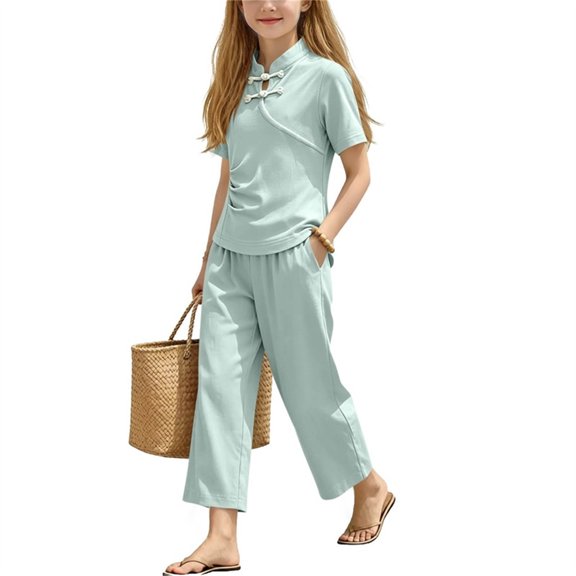 Amidoa Girls 2 Piece Outfits Summer Clothes Solid Color T Shirt Cute Ruffle Sleeve Short Sleeves Casual Pants Kids Clothing Sets Mint Green Size 5T