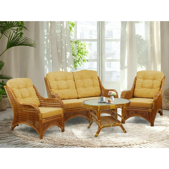 Wickerix Set of 2 Jam Lounge Natural Rattan Chairs, Loveseat and Coffee Table w/Glass, Colonial color