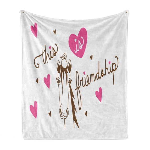 Pony Soft Flannel Fleece Blanket, Cursive Lettering of This is Friendship Sitting Bird on a Horse Romantic Hearts, Cozy Plush for Indoor and Outdoor Use, 50" x 70", Pink Umber White, by Ambesonne