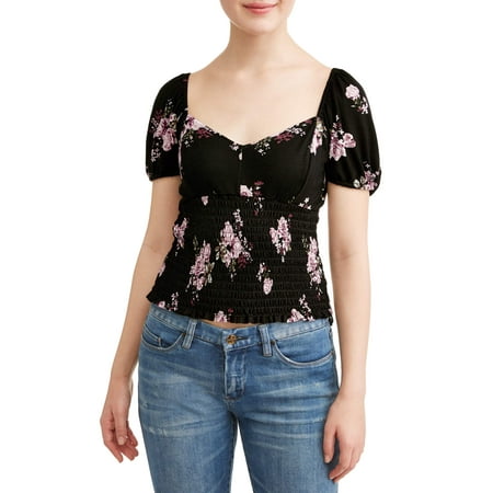 - Juniors' Floral Printed Smocked Cropped Puff Sleeve Blouse