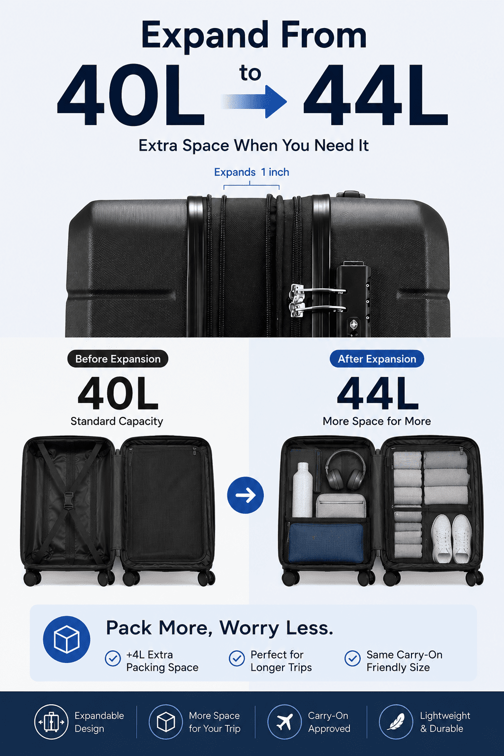 20" Carry-on Expandable Luggage,Hardside Spinner Suitcase with TSA Lock, Black