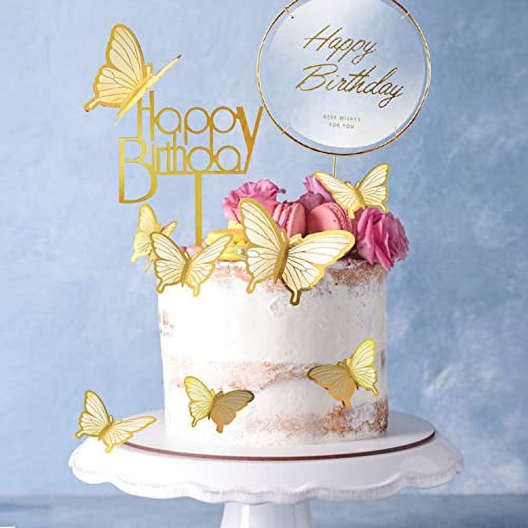 1/10/12PCS Gold Butterfly Cake Decorations Happy Birthday Acrylic