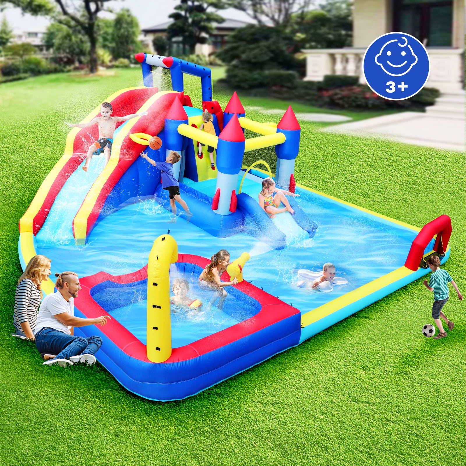 HNH 10 in 1 Inflatable Water Slide Kids Bounce House with Splash Pool & Water Gun & Basketball & Climbing Wall & Dual Pools & Soccer,650W Air Blower, 18.92x17.08FT
