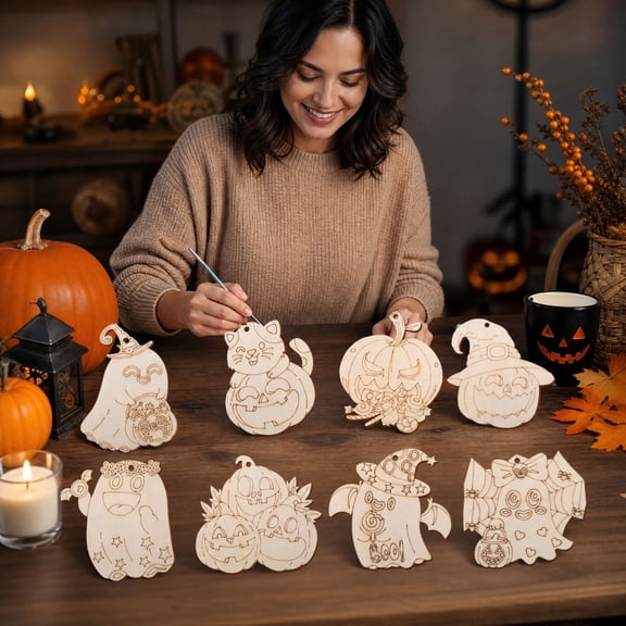 8 Pack Halloween Wooden Hanging Decorations,Spooky Halloween Decorations with Pumpkin Cutouts for Halloween Party Favors for Student,Halloween Craft Supplies for Home Mantel,