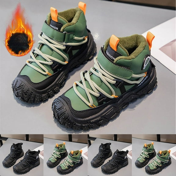 Miluxas Girls Boys Hiking Boots Slip on Fleece Lined Warm Shoes Kids Winter Mid Top Sneakers Trendy Casual Shoes Black 3.5(38)