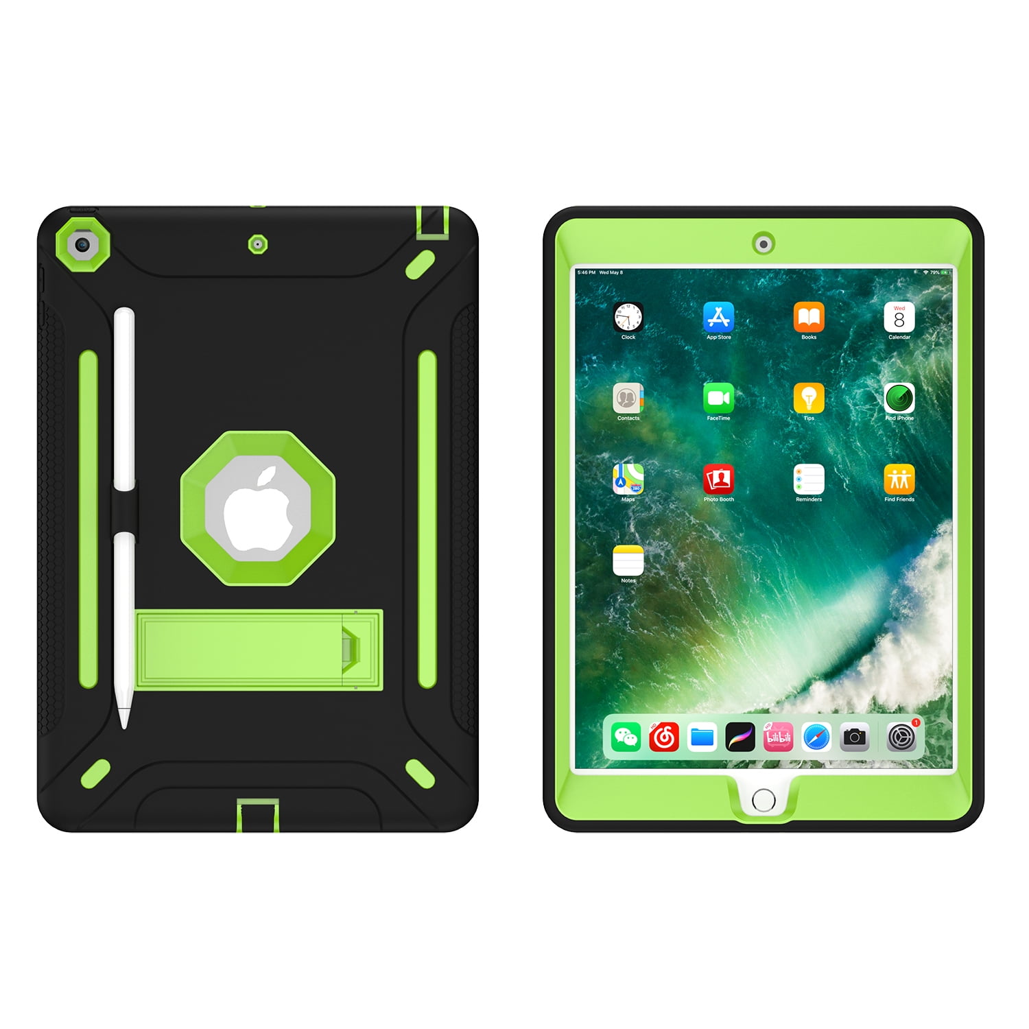 iPad Air 2 Case, iPad 9.7 Case 6th Generation, Dual Layer Shockproof Lightweight Hybrid Rugged Kickstand Protective Cover with Pencil Holder, Black/Olivine