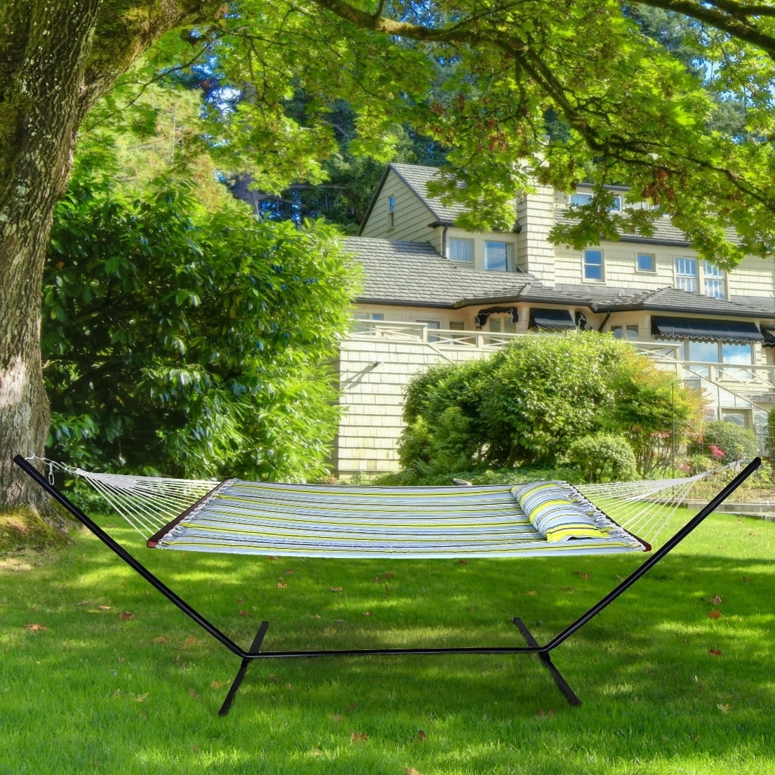 Sorbus Hammock with Stand & Spreader Bars and Detachable Pillow, Heavy Duty, 450 Pound Capacity for Indoor/Outdoor (Green/Blue)