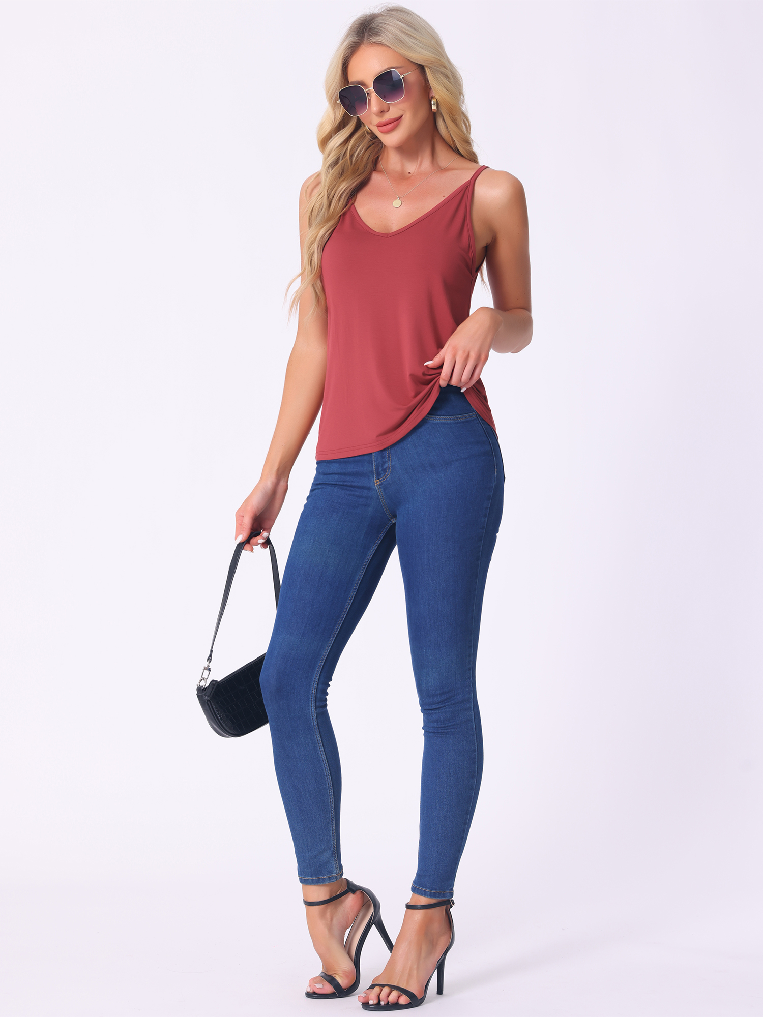 DARING DIVA Women's Sleeveless Base Layer Spaghetti Straps V Neck Tank Tops L Red