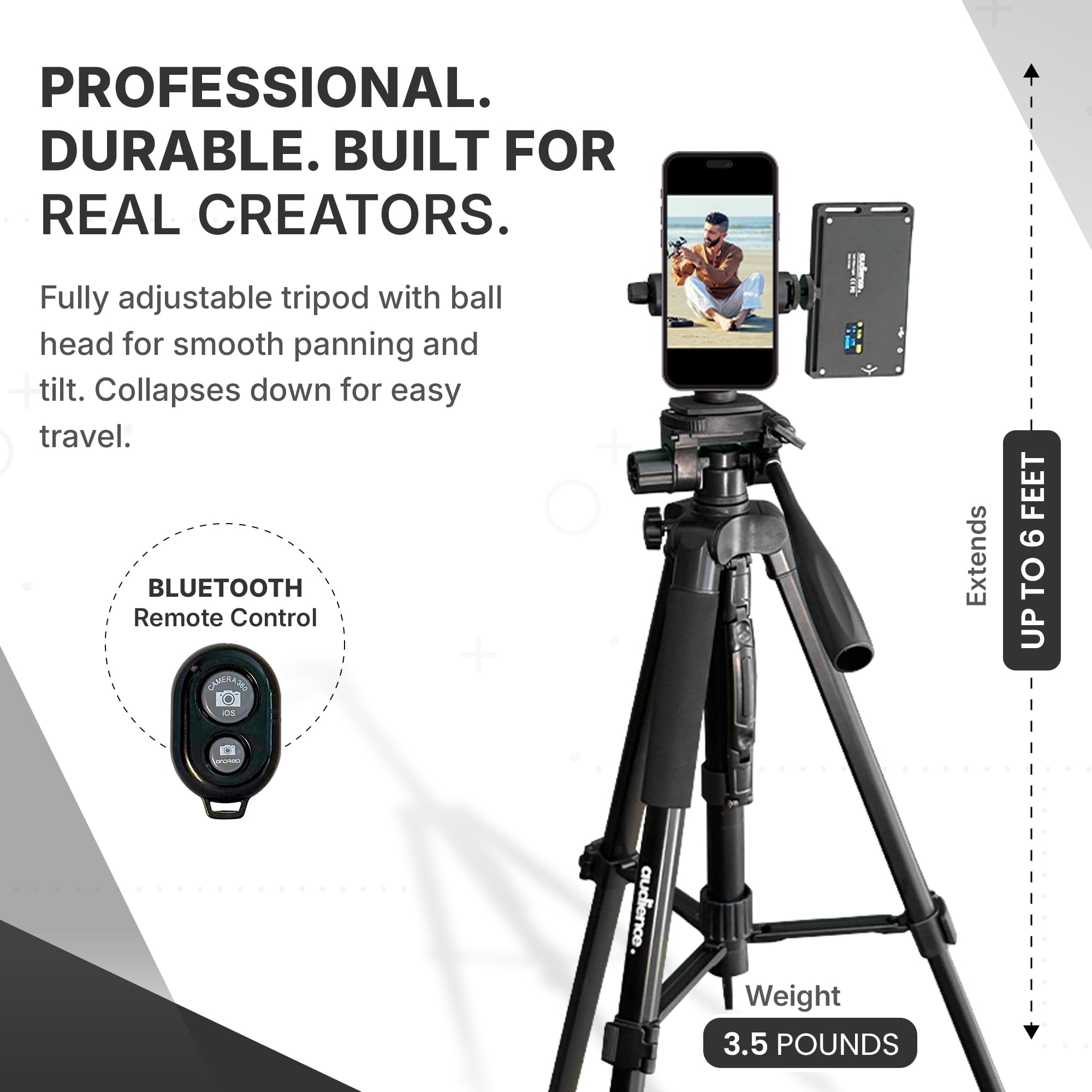 Audience Professional Mobile Creator Kit - 72" Adjustable Tripod with Monopod, LED Fill Light, Dual Lavalier Microphones, Rotating Phone Mount, Bluetooth Remote & Travel Case