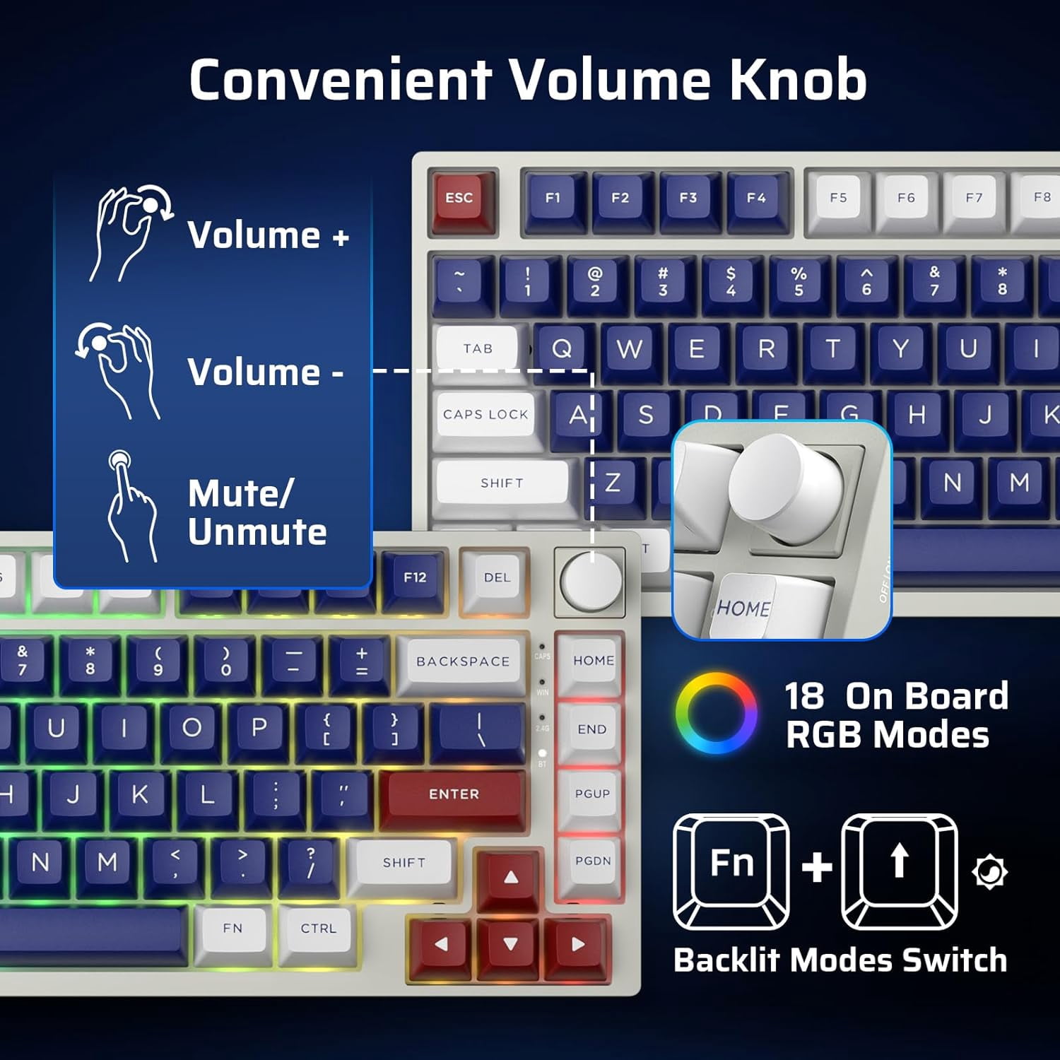 LTC Nimbleback NB831 Wireless 75% 3-Mode BT5.0/2.4Ghz/USB-C Wired Hot Swappable Mechanical Keyboard, 81-Keys RGB Compact Gaming Keyboard with Knob, Sound Absorbing Pads, PBT Keycaps, Pro Driver
