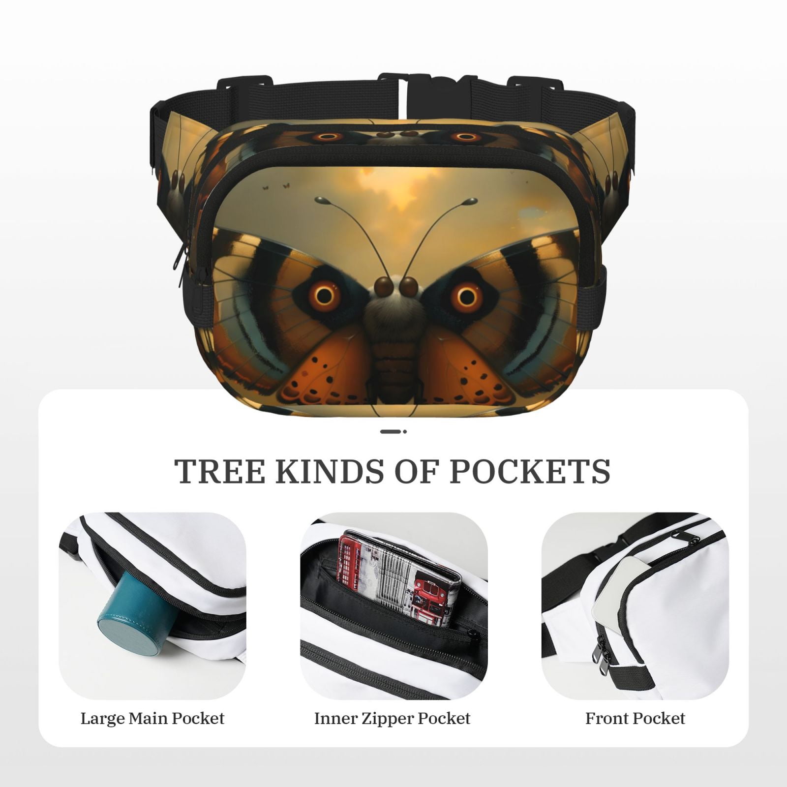 Picia Majestic Butterfly Sunset Print Square Double-Layer Waist Bag Mini Adjustable Waist Belt Bag Exercise Running Travel Hiking