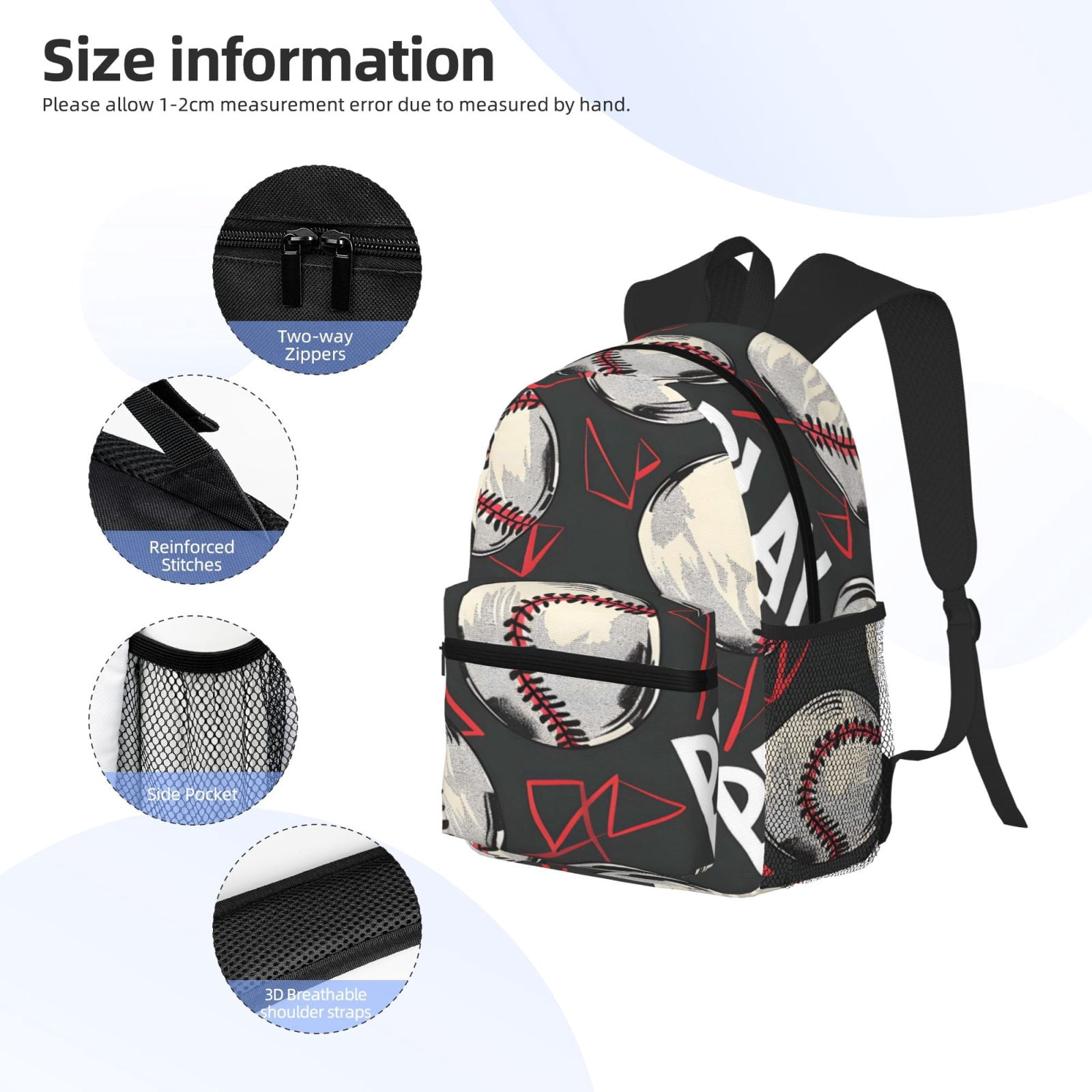 Casual Backpack Water Resistant Lightweight Daypack For Work Travel Hiking Camping Laptop Compartment & Side Mesh Pockets Baseball Theme Urban Street Sport Style (3)