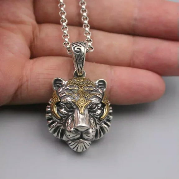 K-KED Real 925 Silver Pendant For Men Gold Color Tiger Head Domineering Necklace -Only Pendant