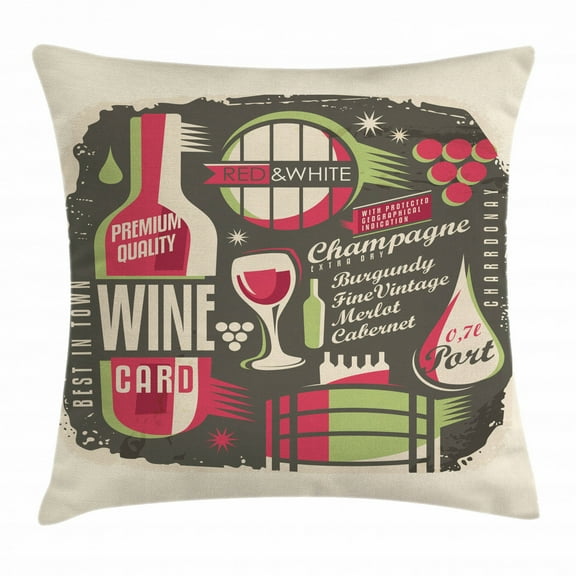 Wine Throw Pillow Cushion Cover, Retro Poster Pattern with Alcoholic Hard Drinks Bottles Merlot Cabernet Restaurant, Decorative Square Accent Pillow Case, 18 X 18 Inches, Multicolor, by Ambesonne