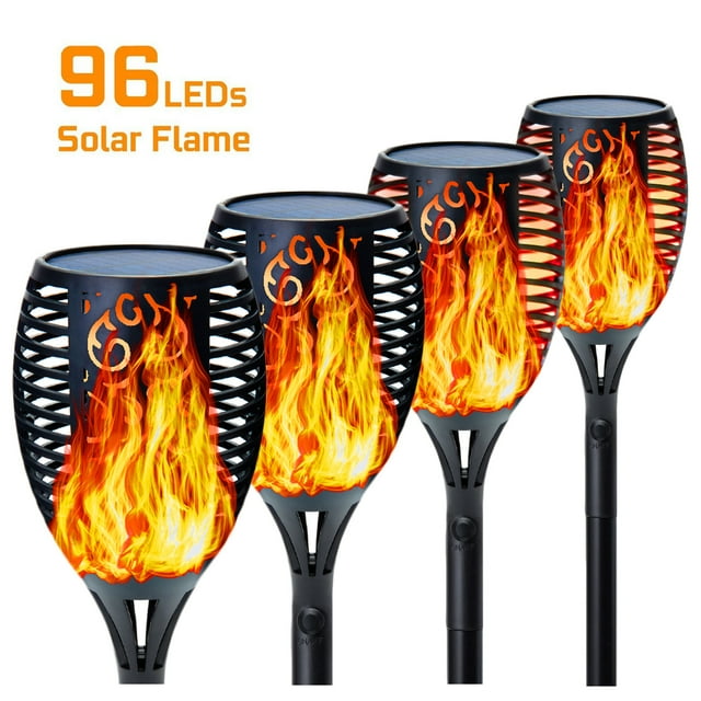 Solar Torch Lights¨CFlickering Solar Lights Outdoor 4 Pack Always-On/Flickering Flame Matte Lampshade Lights Solar with Stainless Steel IP65 Waterproof 96 LED Path/Beach/Yard Decoration