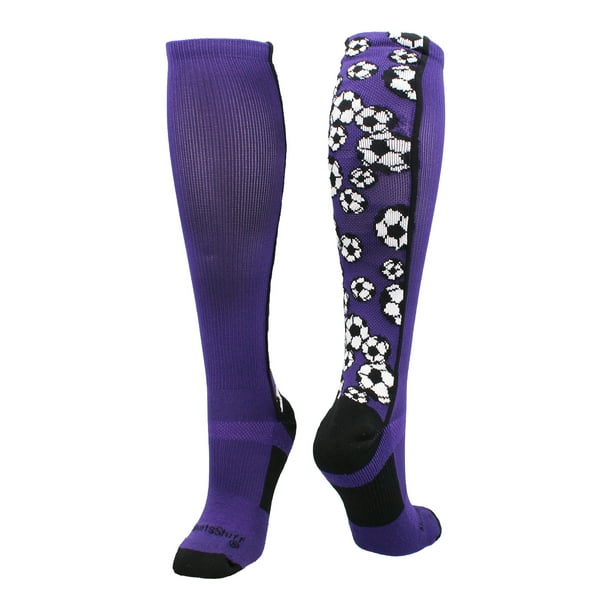 MadSportsStuff Crazy Soccer Socks with Soccer Balls over the calf (Purple/Black, Large