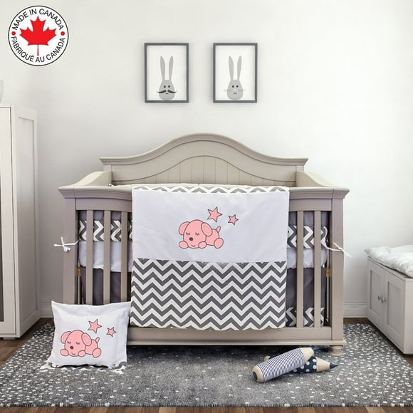 Bebelelo 7 Pieces Baby Bedding Set - Nursery Crib Set Including Skirt, Comforter, Quilt Cover, Fitted Sheet, and More for Kids, Boys, Girls (Zig Zag Pattern with Rose Puppy Embroidered)