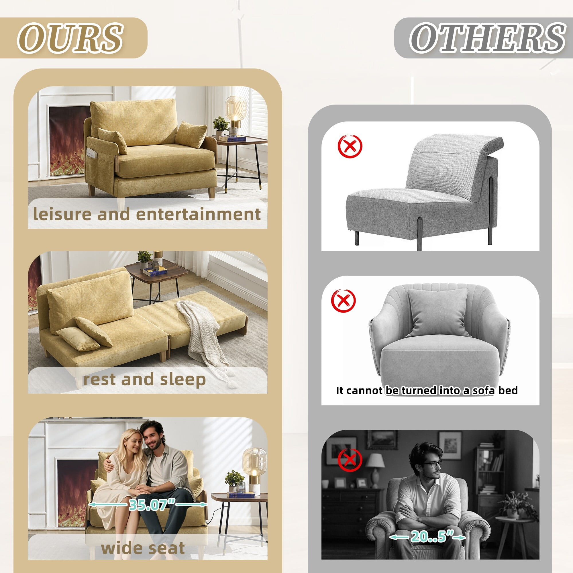AENKYO 3-in-1 Convertible Sofa Chair, Modern Foldable Sleeper Bed for One, Suits for Living Room, Bedroom, Soft Yellow