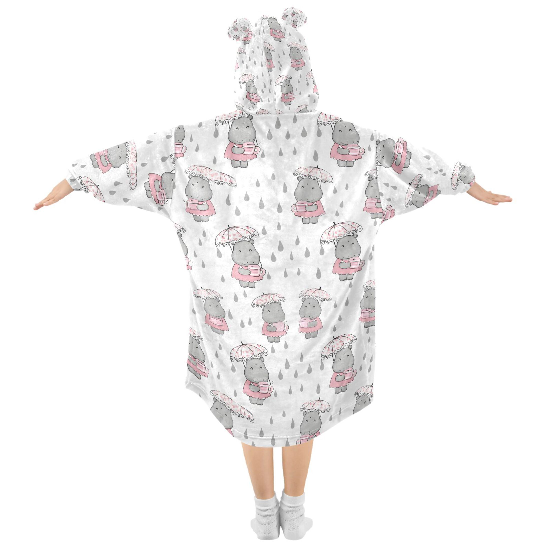 joogoo Blanket Hoodie for Cartoon Hippo in Rain Oversize Sweatshirt 3-14 YR L