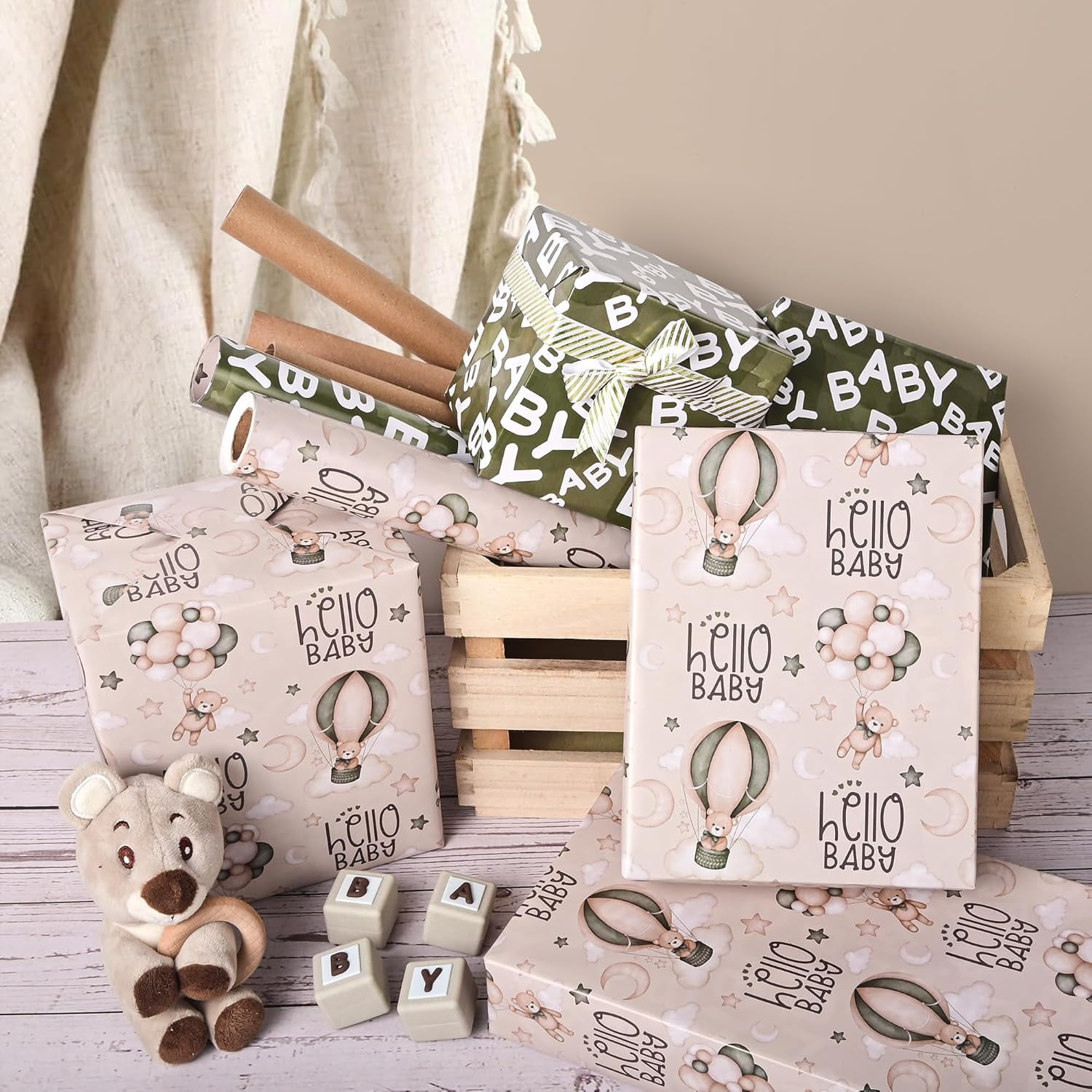 Reversible Baby Shower Wrapping Paper Roll Baby Gift Wrap with Green Brown Bear Balloons and Baby Words Pattern for Girls Boys Wedding Neutral Baby Shower Birthday Party - Total 28.5sq.ft